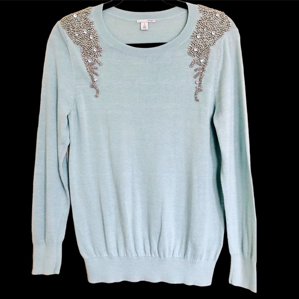 Halogen Jeweled Shoulder Sweater, Light Blue/Silver, Small/Petite